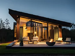 Modern outdoor living space with the contemporary Mix 850 fire pit creating warmth and atmosphere on a patio beside a glass-walled home