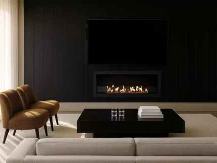 Frame 1200SS by EcoSmart Fire brings inviting ethanol fireplace warmth to indoor living rooms, blending function and design for home comfort.