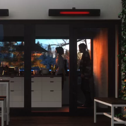 Heatscope Heaters Pure 3000W Radiant Heater detail CGI shows a slim wall‑mounted ceramic glass electric infrared panel.
