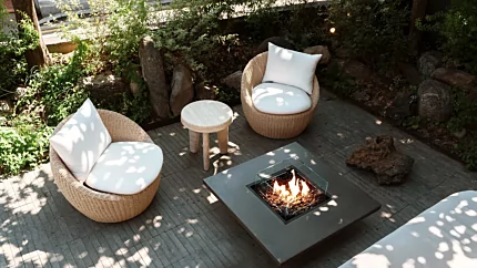 EcoSmart Fire Vertigo 40 Fire Table at Seouchon Hub patio, freestanding gas fire table enhancing outdoor ambience.
