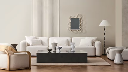 Blinde Design Move 65 Coffee Table grounds a private-residence living room with smooth curved concrete styling and modern décor focus.